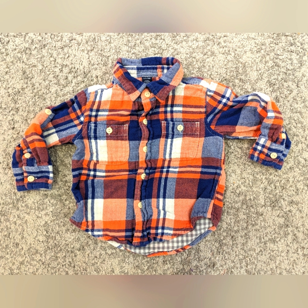 Gap Button Up plaid shirt. Orange and Blue. EUC. 12-18 months.